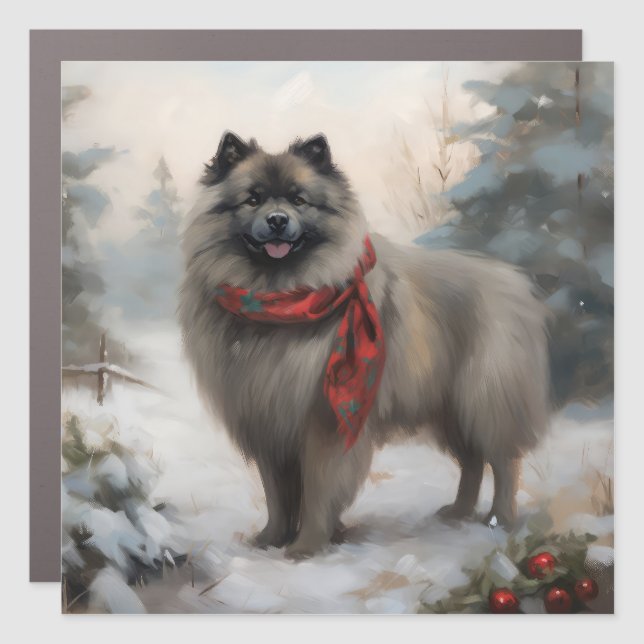 Keeshond Dog in Snow Christmas Car Magnet (Front)