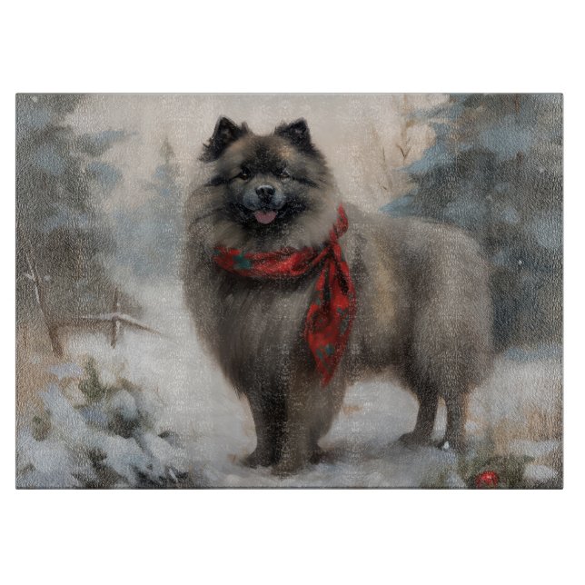 Keeshond Dog in Snow Christmas Cutting Board (Front)
