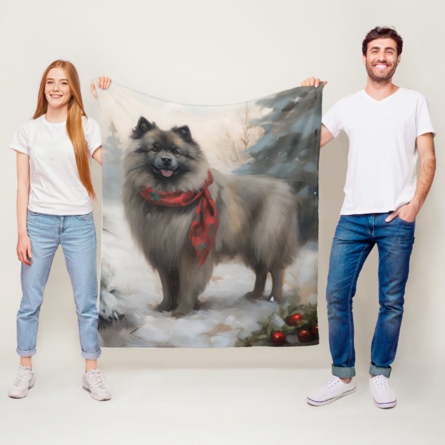 Keeshond Dog in Snow Christmas Fleece Blanket (In Situ)