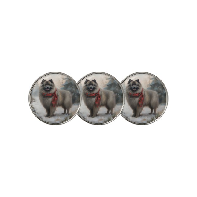 Keeshond Dog in Snow Christmas Golf Ball Marker (3 Up)