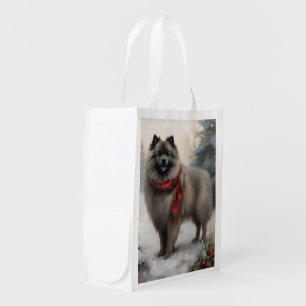 Keeshond Dog in Snow Christmas Grocery Bag