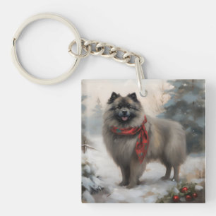 Keeshond Dog in Snow Christmas Keychain