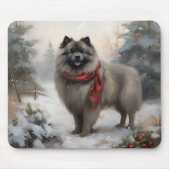 Keeshond Dog in Snow Christmas Mouse Pad (Front)