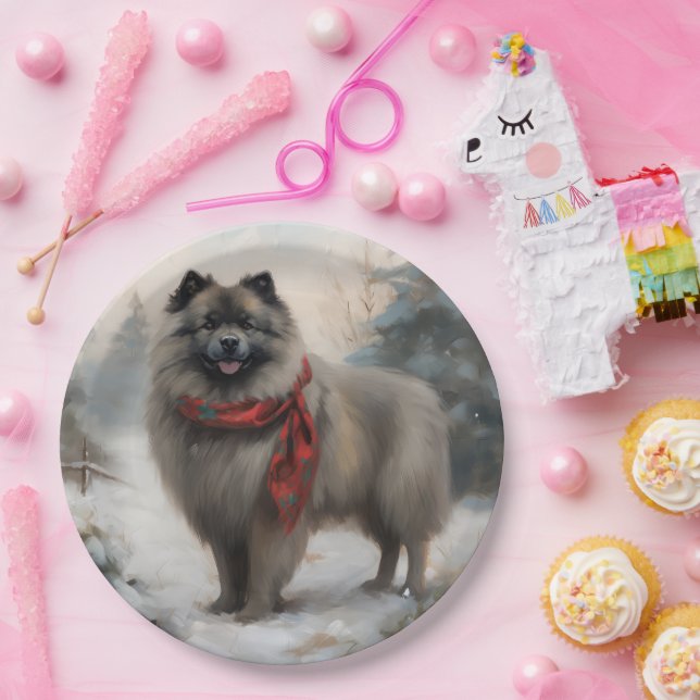 Keeshond Dog in Snow Christmas Paper Plates (Party)