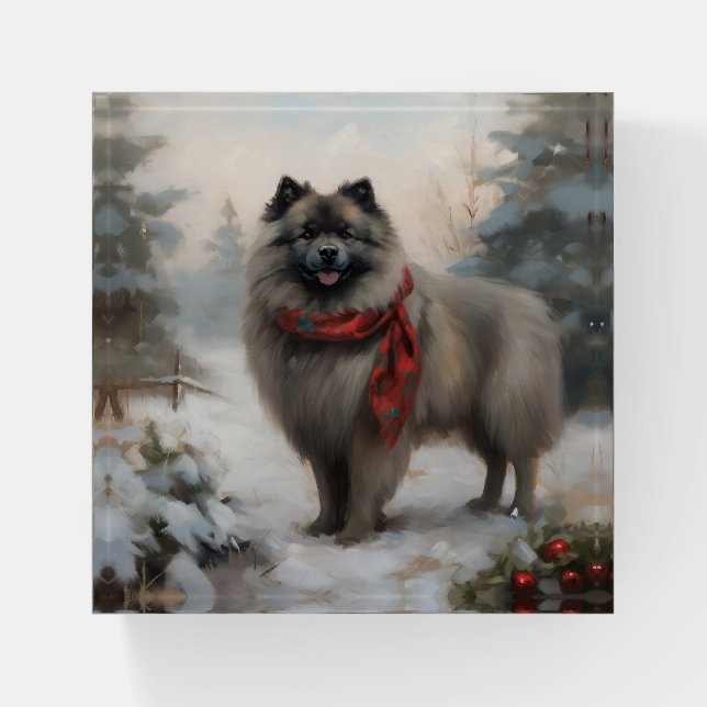 Keeshond Dog in Snow Christmas Paperweight (Front)
