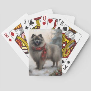 Keeshond Dog in Snow Christmas Poker Cards