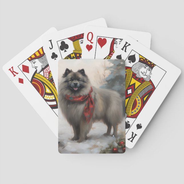 Keeshond Dog in Snow Christmas Poker Cards (Back)