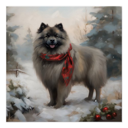 Keeshond Dog in Snow Christmas Poster