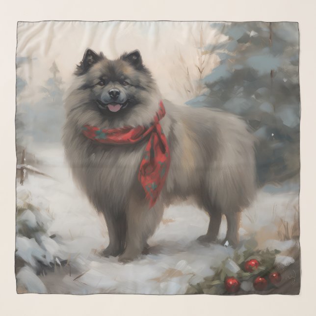 Keeshond Dog in Snow Christmas Scarf (Front)