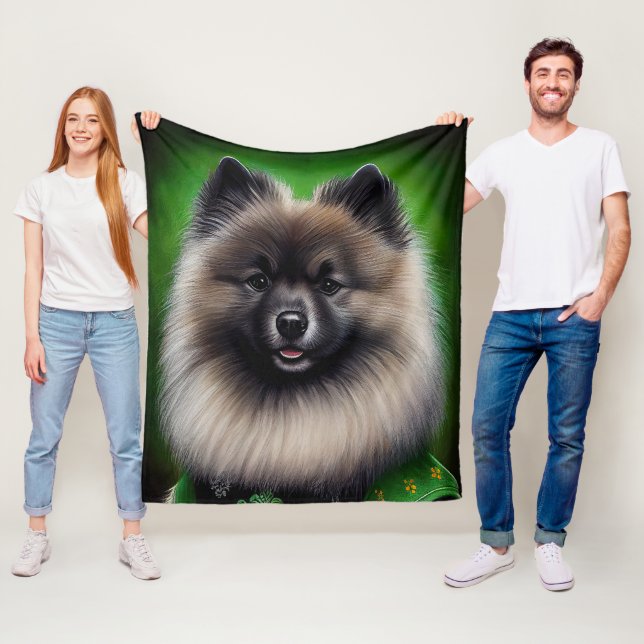 Keeshond Dog in St. Patrick's Day Dress Fleece Blanket (In Situ)