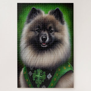 Keeshond Dog in St. Patrick's Day Dress Jigsaw Puzzle