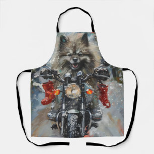 Keeshond Dog Riding Motorcycle Christmas Apron