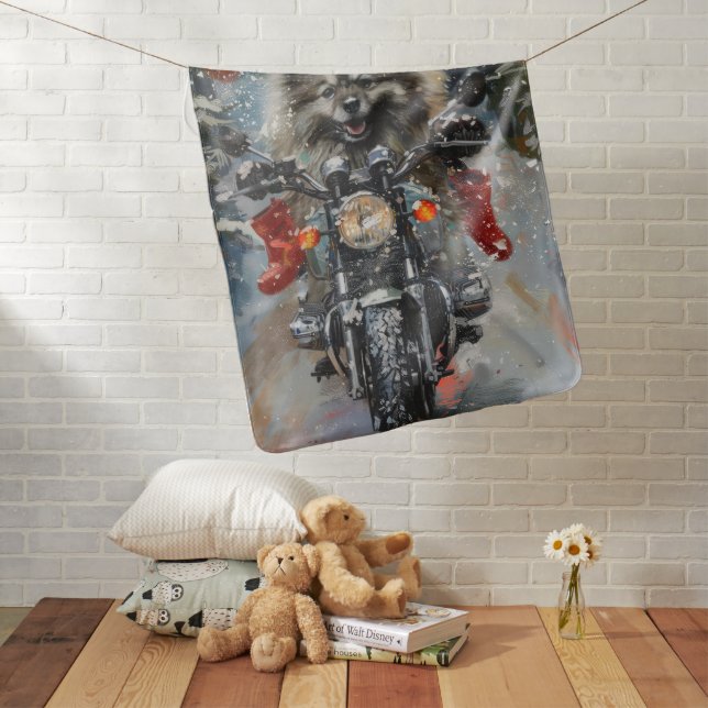 Keeshond Dog Riding Motorcycle Christmas Baby Blanket (In Situ)