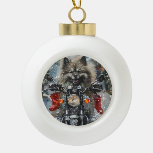 Keeshond Dog Riding Motorcycle Christmas Ceramic Ball Christmas Ornament