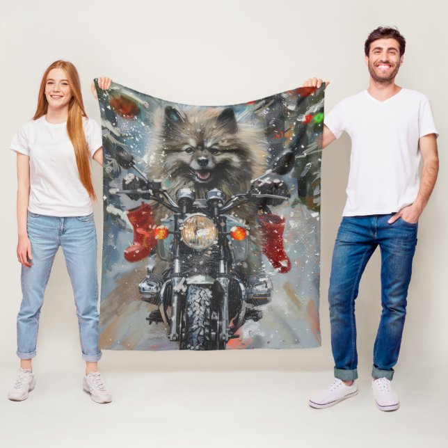 Keeshond Dog Riding Motorcycle Christmas Fleece Blanket (In Situ)