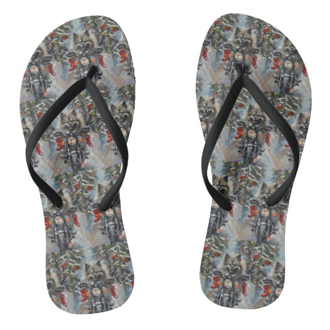 Keeshond Dog Riding Motorcycle Christmas Flip Flops (Footbed)