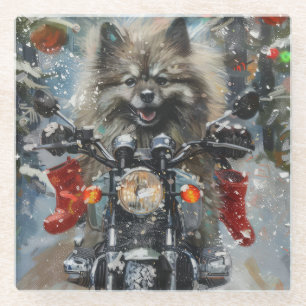 Keeshond Dog Riding Motorcycle Christmas Glass Coaster