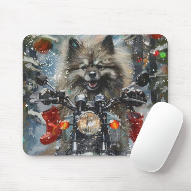 Keeshond Dog Riding Motorcycle Christmas Mouse Pad (With Mouse)