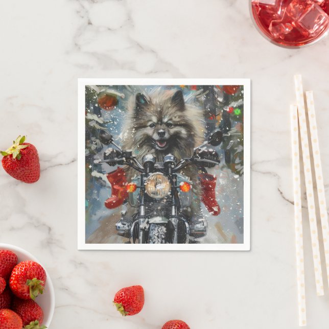 Keeshond Dog Riding Motorcycle Christmas Napkins (Insitu)