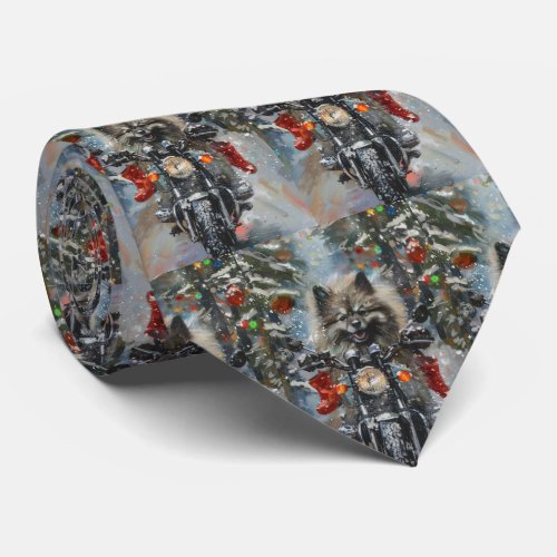 Keeshond Dog Riding Motorcycle Christmas Neck Tie