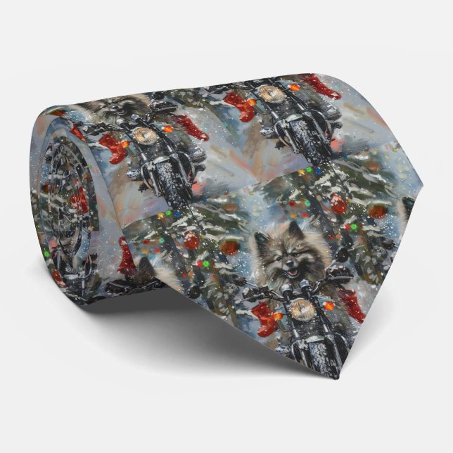 Keeshond Dog Riding Motorcycle Christmas Neck Tie (Rolled)