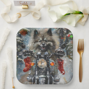 Keeshond Dog Riding Motorcycle Christmas Paper Plates
