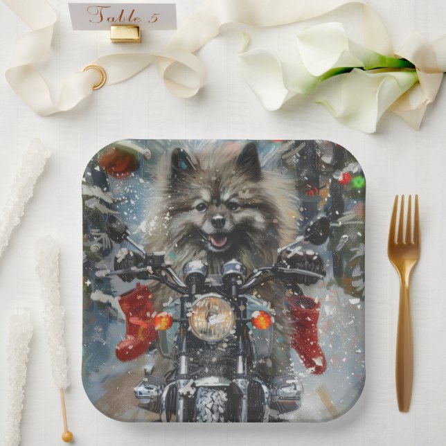 Keeshond Dog Riding Motorcycle Christmas Paper Plates (Wedding)