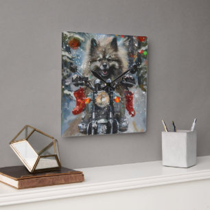 Keeshond Dog Riding Motorcycle Christmas Square Wall Clock