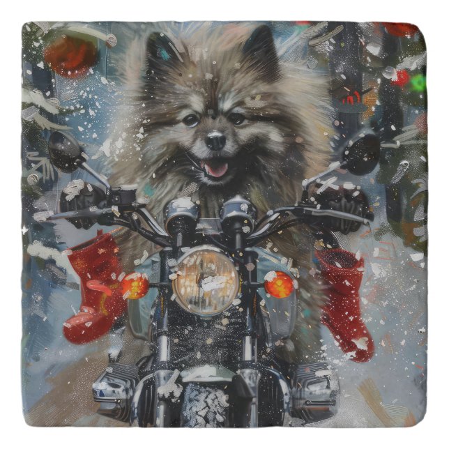 Keeshond Dog Riding Motorcycle Christmas Trivet (Front)
