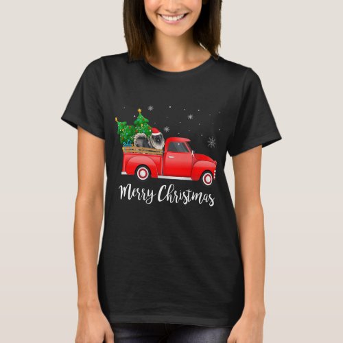 Keeshond Dog Riding Red Truck Christmas  T_Shirt