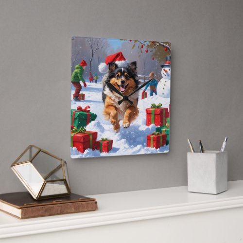 Keeshond Dog Running in Snow with Christmas Hat