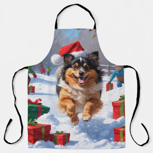 Keeshond Dog Running in Snow with Christmas Hat Apron