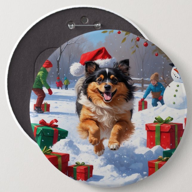 Keeshond Dog Running in Snow with Christmas Hat Button (Front & Back)