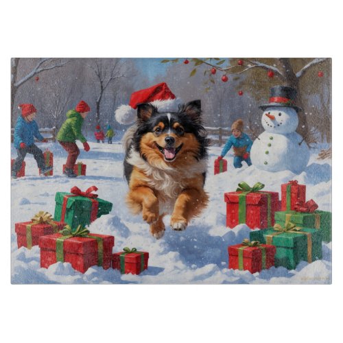 Keeshond Dog Running in Snow with Christmas Hat Cutting Board