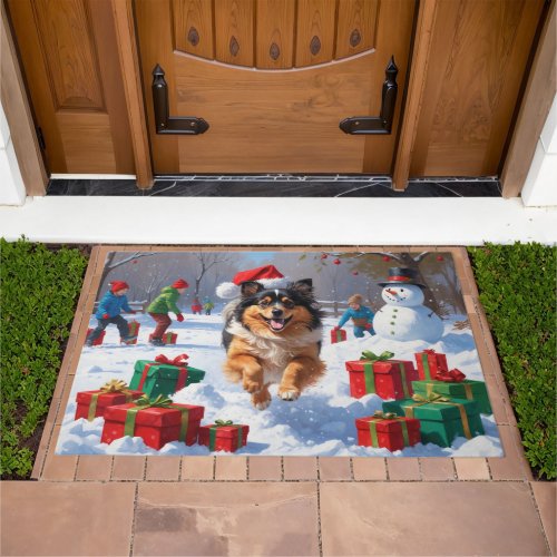 Keeshond Dog Running in Snow with Christmas Hat Doormat