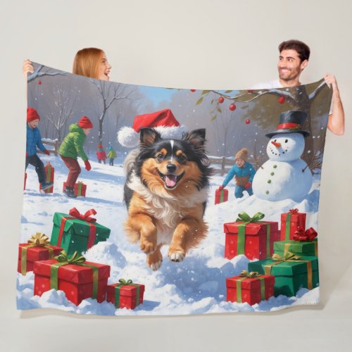Keeshond Dog Running in Snow with Christmas Hat Fleece Blanket
