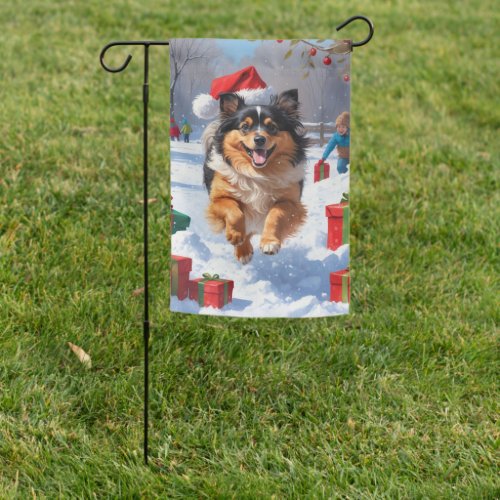 Keeshond Dog Running in Snow with Christmas Hat Garden Flag