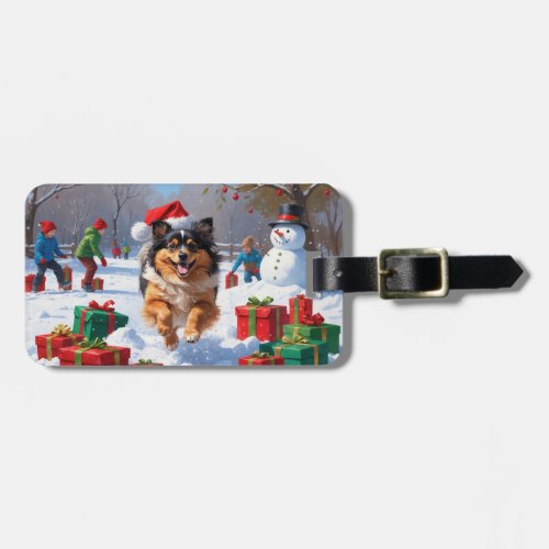 Keeshond Dog Running in Snow with Christmas Hat Luggage Tag