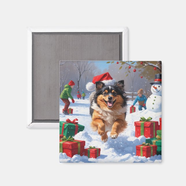 Keeshond Dog Running in Snow with Christmas Hat Magnet (Front/Back)