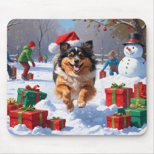 Keeshond Dog Running in Snow with Christmas Hat Mouse Pad