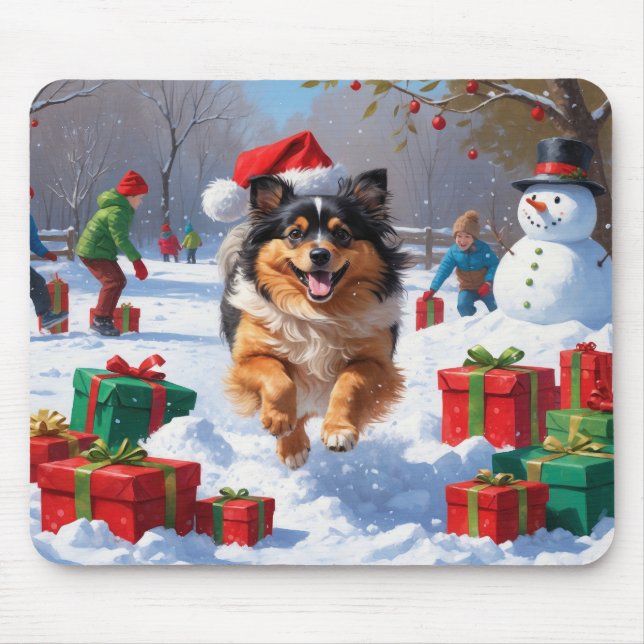 Keeshond Dog Running in Snow with Christmas Hat Mouse Pad (Front)
