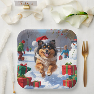 Keeshond Dog Running in Snow with Christmas Hat Paper Plates