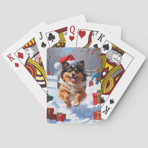 Keeshond Dog Running in Snow with Christmas Hat Poker Cards