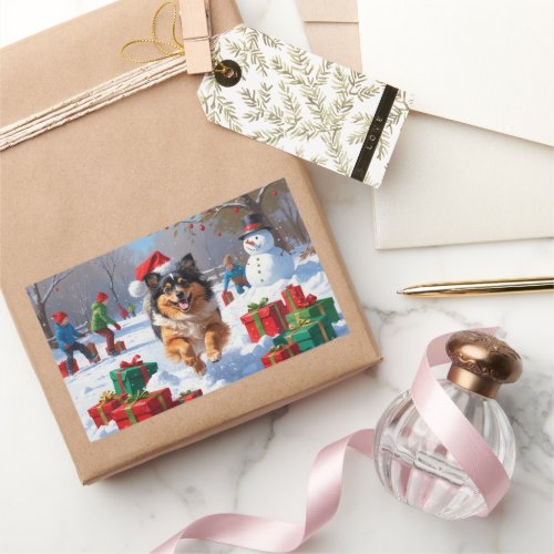 Keeshond Dog Running in Snow with Christmas Hat Rectangular Sticker