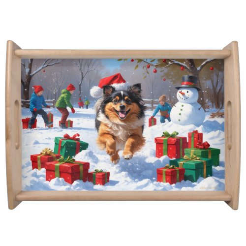 Keeshond Dog Running in Snow with Christmas Hat Serving Tray