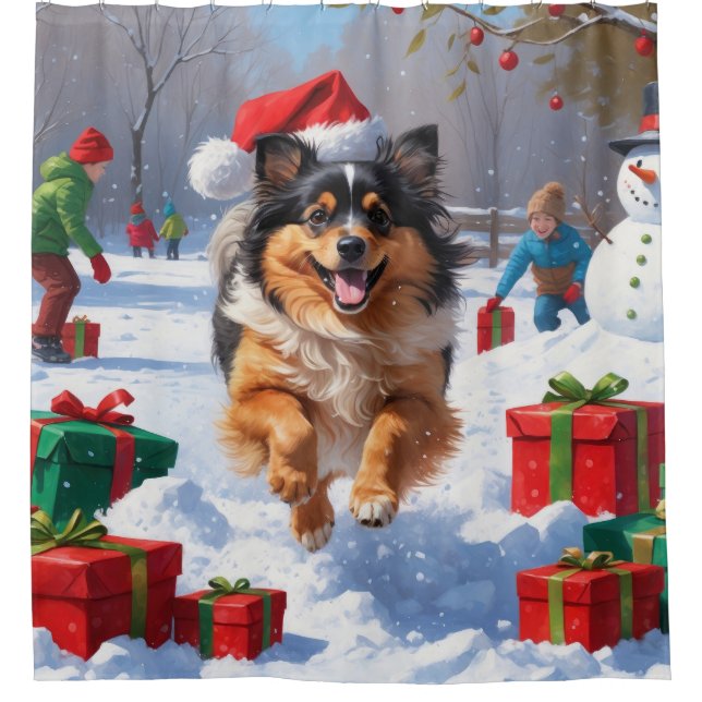 Keeshond Dog Running in Snow with Christmas Hat Shower Curtain (Front)