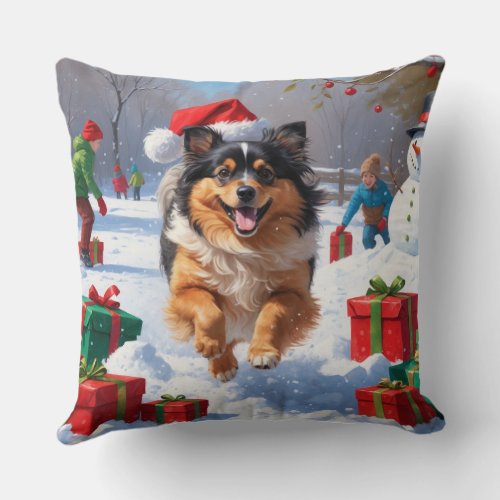 Keeshond Dog Running in Snow with Christmas Hat Throw Pillow