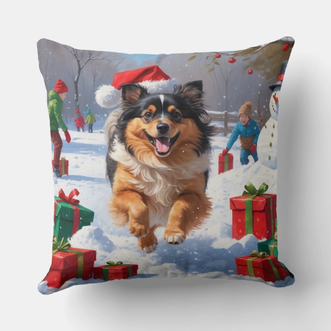 Keeshond Dog Running in Snow with Christmas Hat Throw Pillow (Back)