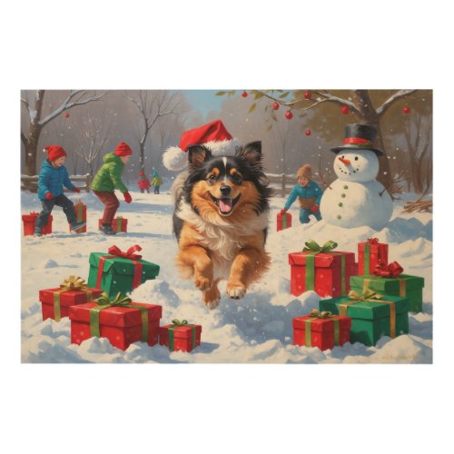 Keeshond Dog Running in Snow with Christmas Hat Wood Wall Art