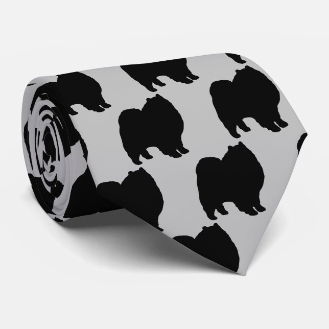 Keeshond Dog Silhouette Neck Tie (Rolled)